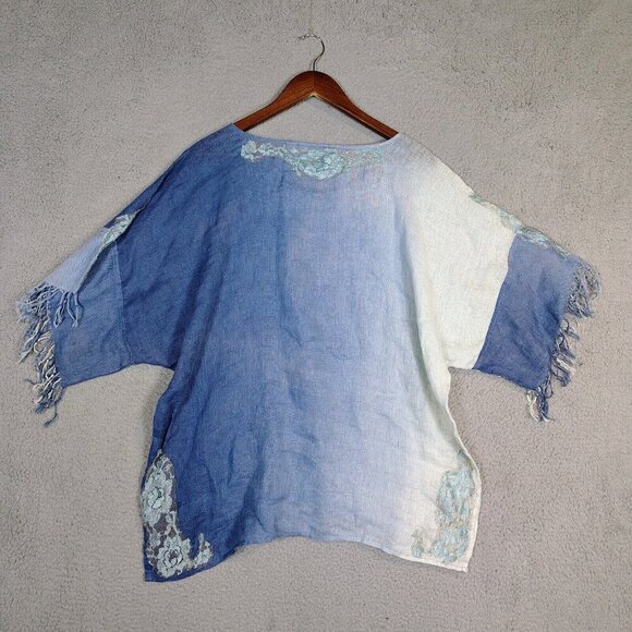 Chicos Top Women 2 Blue Ombre 100% Linen Lace Beaded Fringe V-Neck Blouse Preppy - Picture 2 of 13